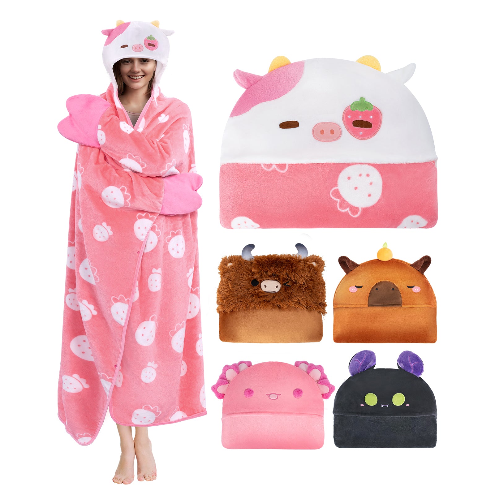 MeWaii® Strawberry Cow Wearable Blanket Hoodie Ultra Soft Oversized Cozy Blanket for Warm Hugs & Relaxing Moments