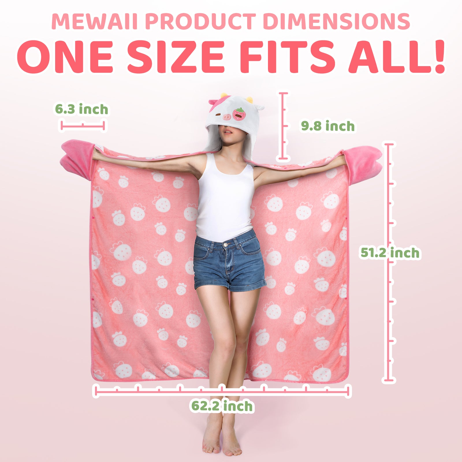 MeWaii® Strawberry Cow Wearable Blanket Hoodie Ultra Soft Oversized Cozy Blanket for Warm Hugs & Relaxing Moments