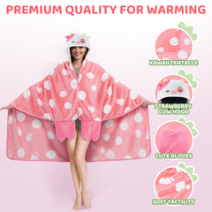 MeWaii® Strawberry Cow Wearable Blanket Hoodie Ultra Soft Oversized Cozy Blanket for Warm Hugs & Relaxing Moments