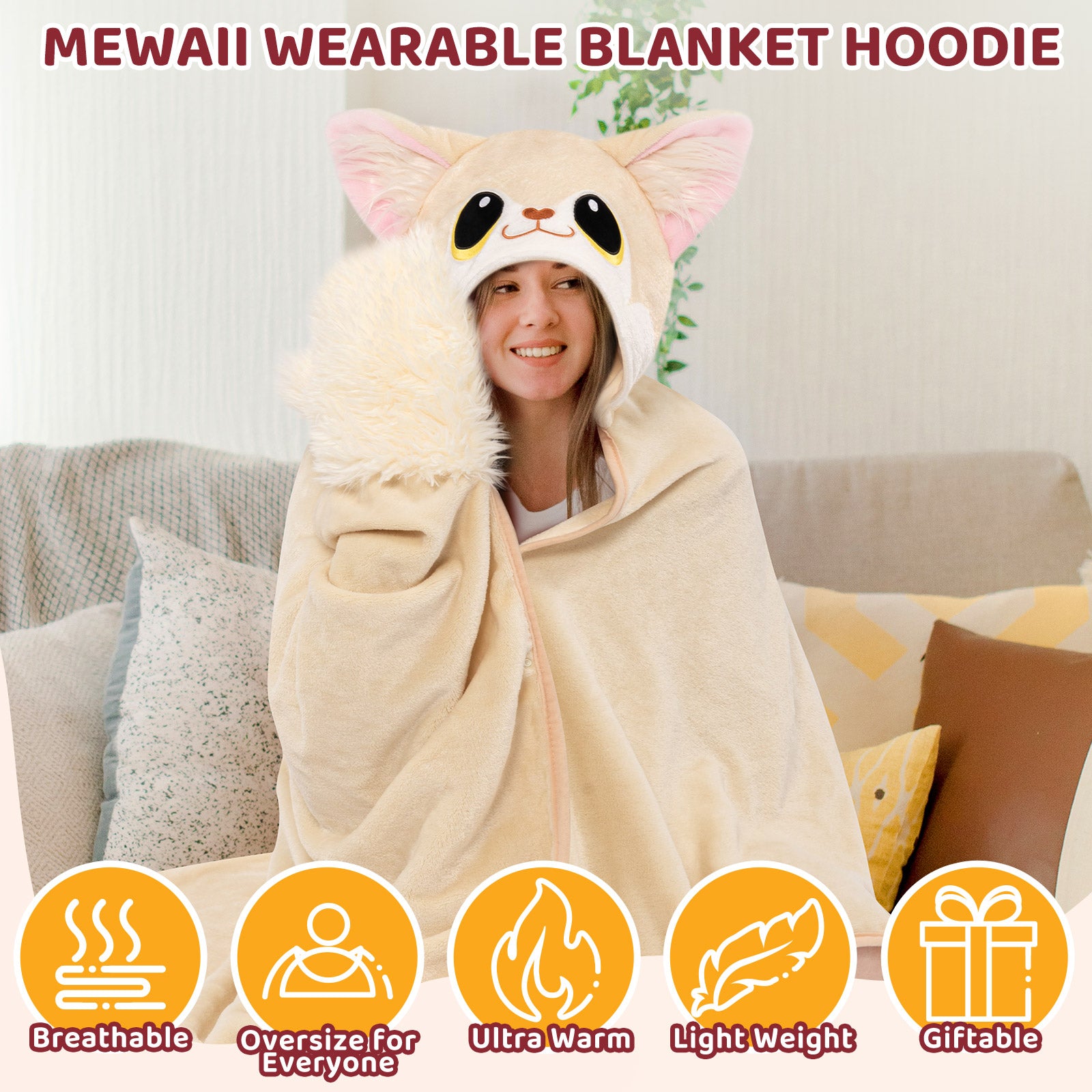 MeWaii® Fennec Fox Wearable Blanket Hoodie Ultra Soft Oversized Cozy Blanket for Warm Hugs & Relaxing Moments