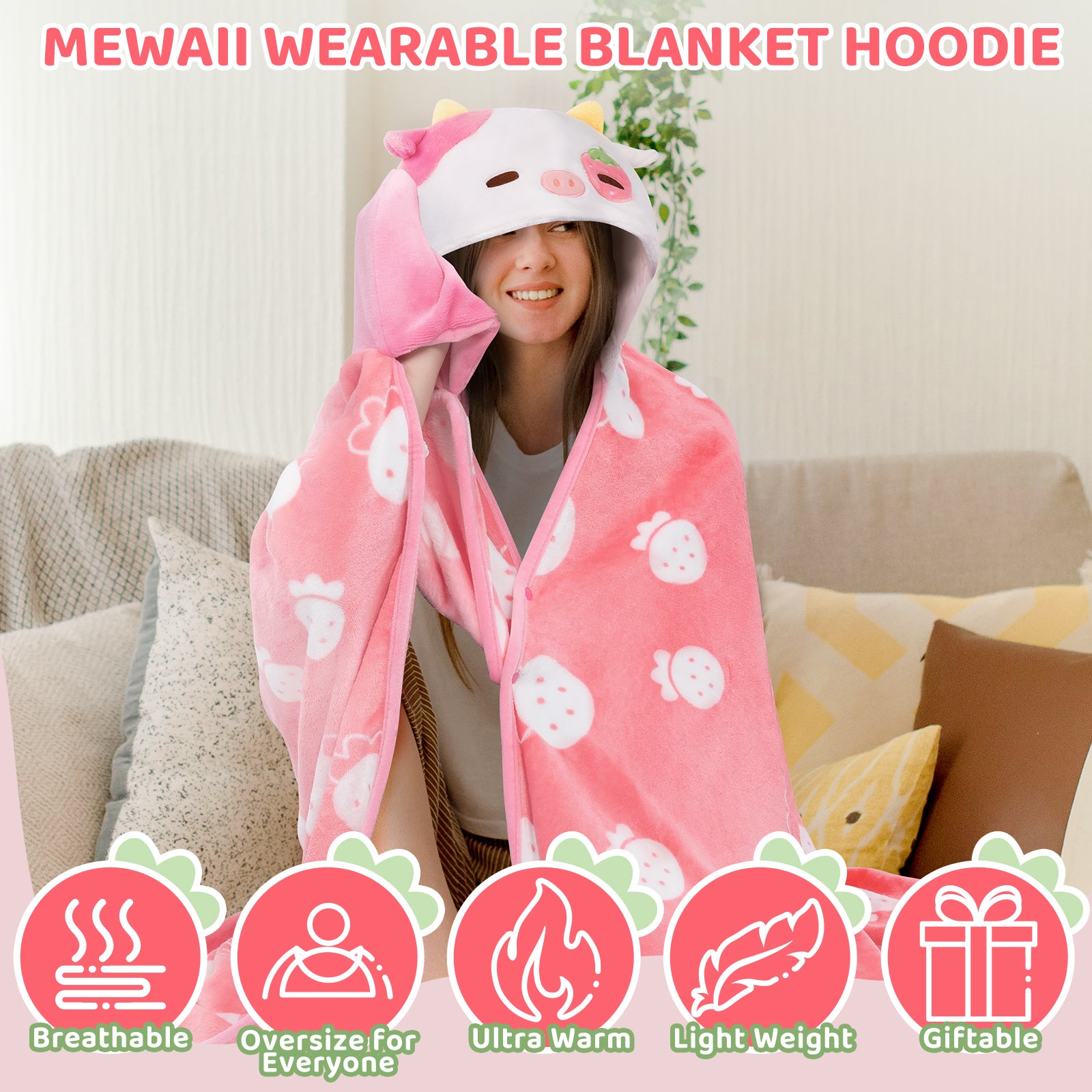 MeWaii® Strawberry Cow Wearable Blanket Hoodie Ultra Soft Oversized Cozy Blanket for Warm Hugs & Relaxing Moments