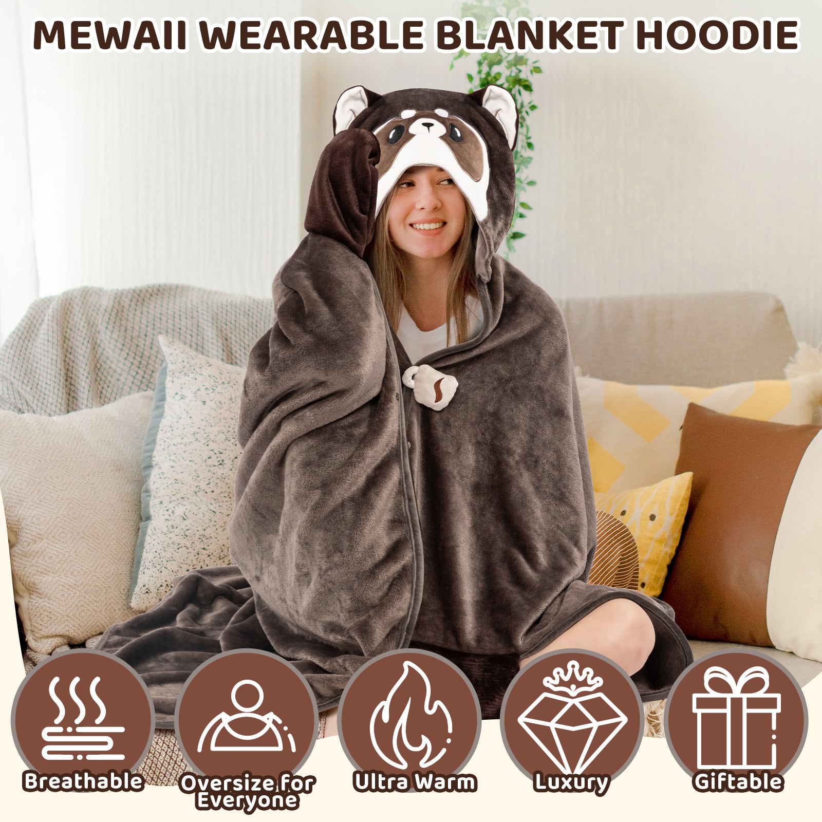 MeWaii® Raccoon Wearable Blanket Hoodie Ultra Soft Oversized Cozy Blanket for Cozy Cuddles & Relaxing Moments