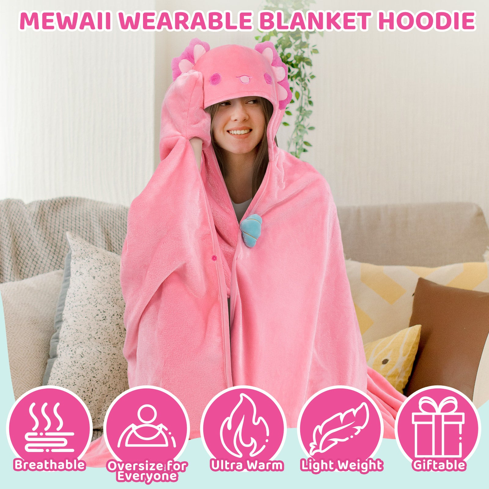 MeWaii® Pink Axolotl Wearable Blanket Hoodie Ultra Soft Oversized Cozy Blanket for Cozy Cuddles & Relaxing Moments