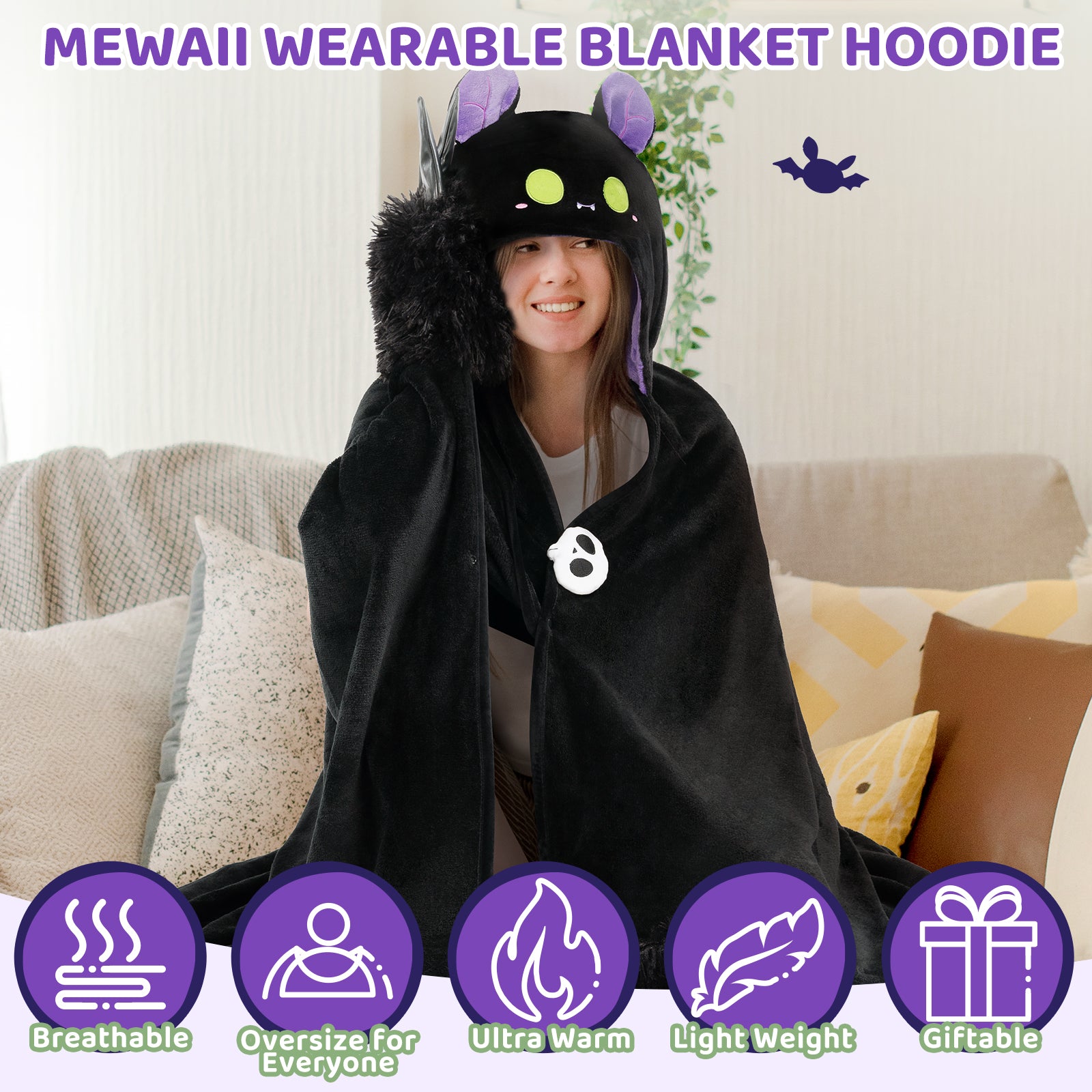 MeWaii® Dark Bat Wearable Blanket Hoodie Ultra Soft Oversized Cozy Blanket for Cozy Cuddles & Relaxing Moments