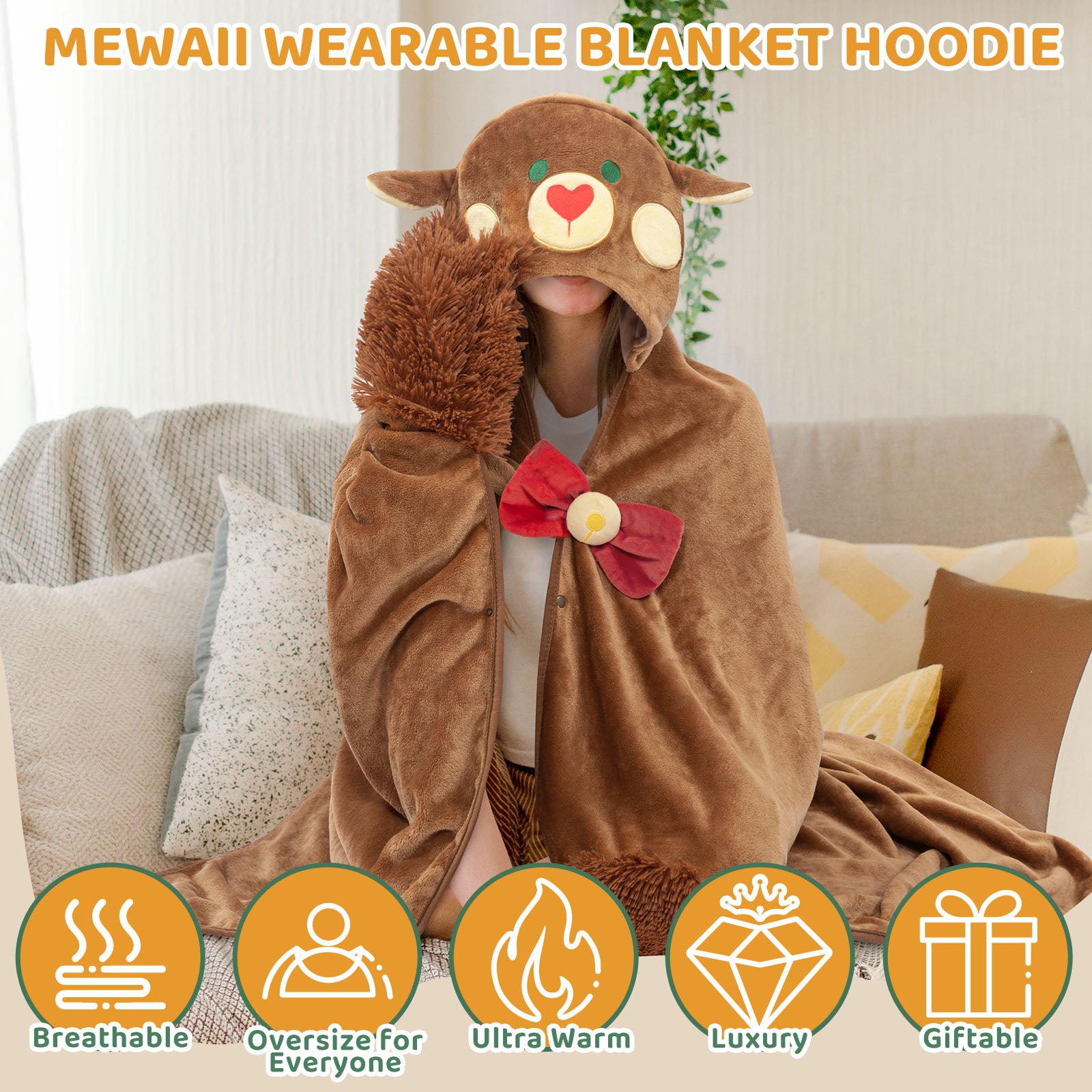 MeWaii® Christmas Reindeer Wearable Blanket Hoodie Ultra Soft Oversized Cozy Blanket for Cozy Cuddles & Relaxing Moments