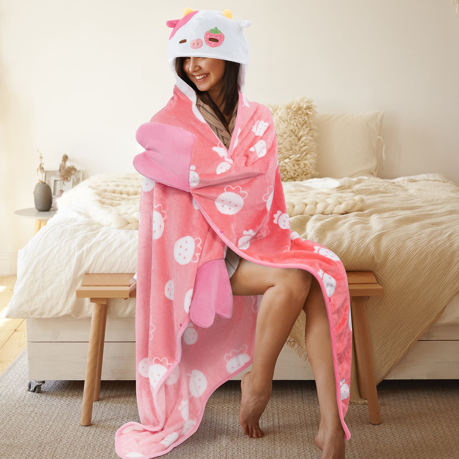 MeWaii® Strawberry Cow Wearable Blanket Hoodie Ultra Soft Oversized Cozy Blanket for Warm Hugs & Relaxing Moments