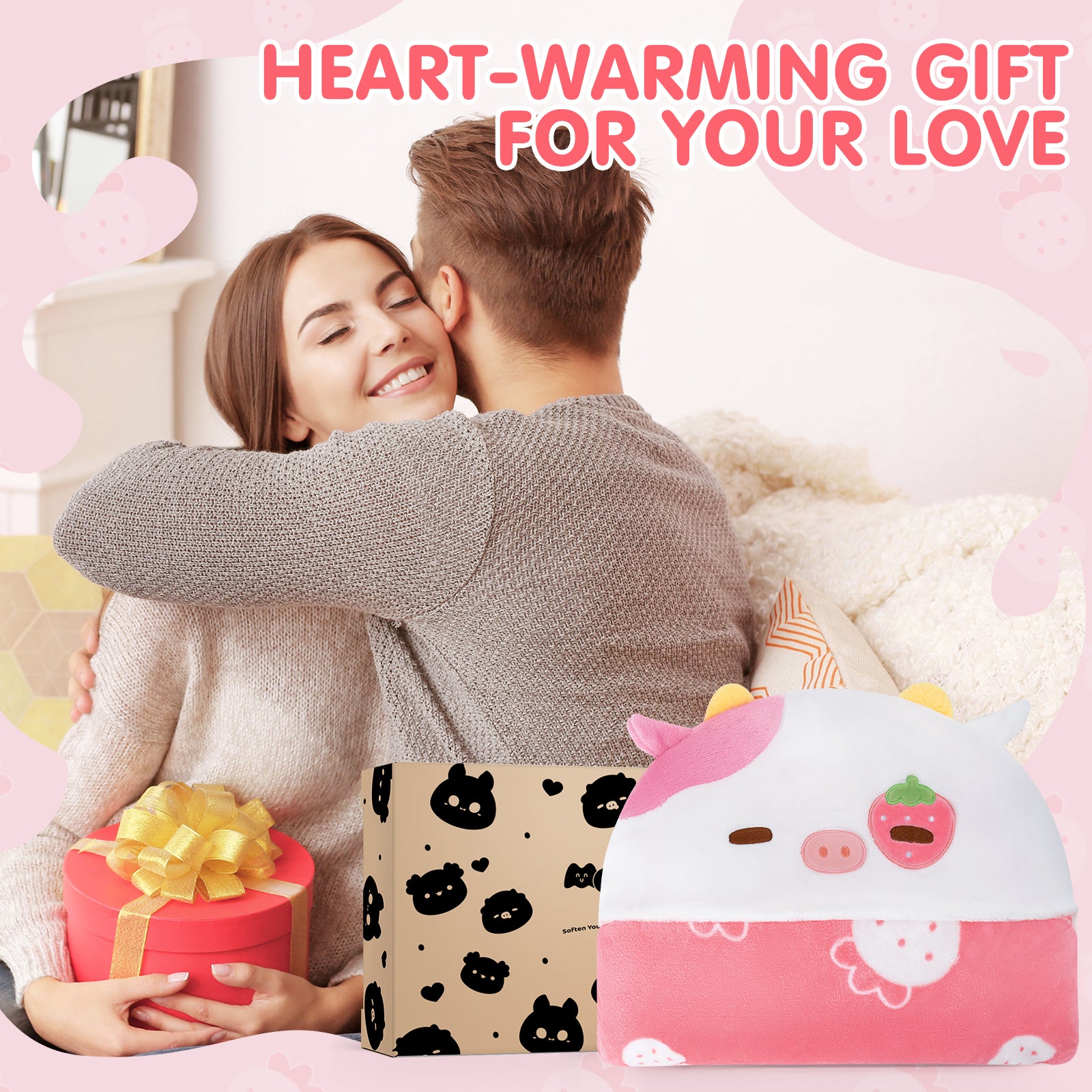 MeWaii® Strawberry Cow Wearable Blanket Hoodie Ultra Soft Oversized Cozy Blanket for Warm Hugs & Relaxing Moments