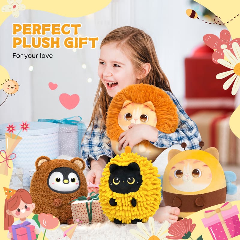 MeWaii® Stuffed Animal Kawaii Kitten with Lion Cat Plush Pillow Squishy Toy With Hoodie
