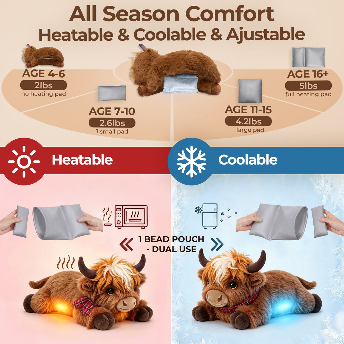 MeWaii® Scotland Highland Cow Weighted Stuffed with Microwavable Heating Pad Animal