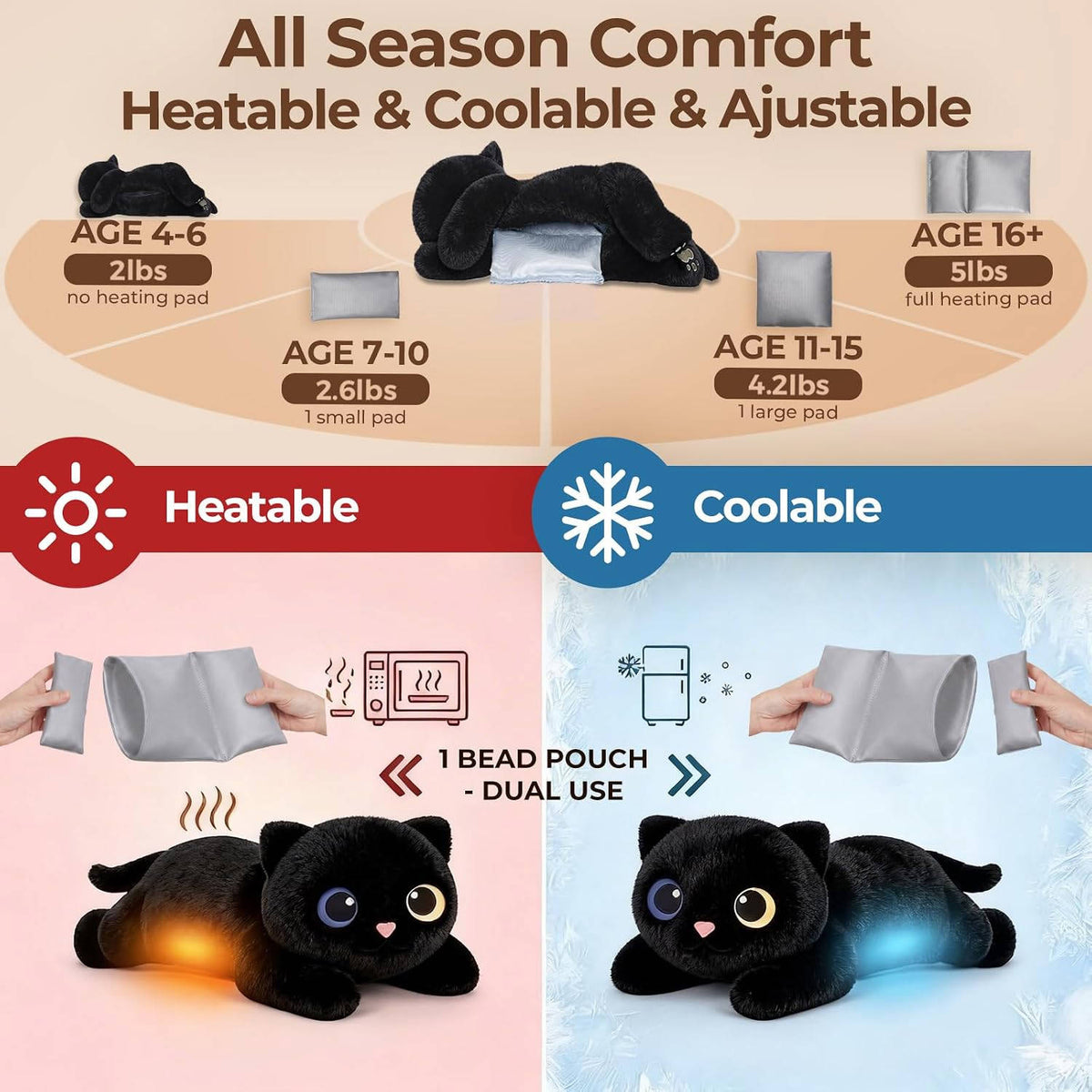 MeWaii® Black Cat Weighted Stuffed Animal with Microwavable Heating Pad