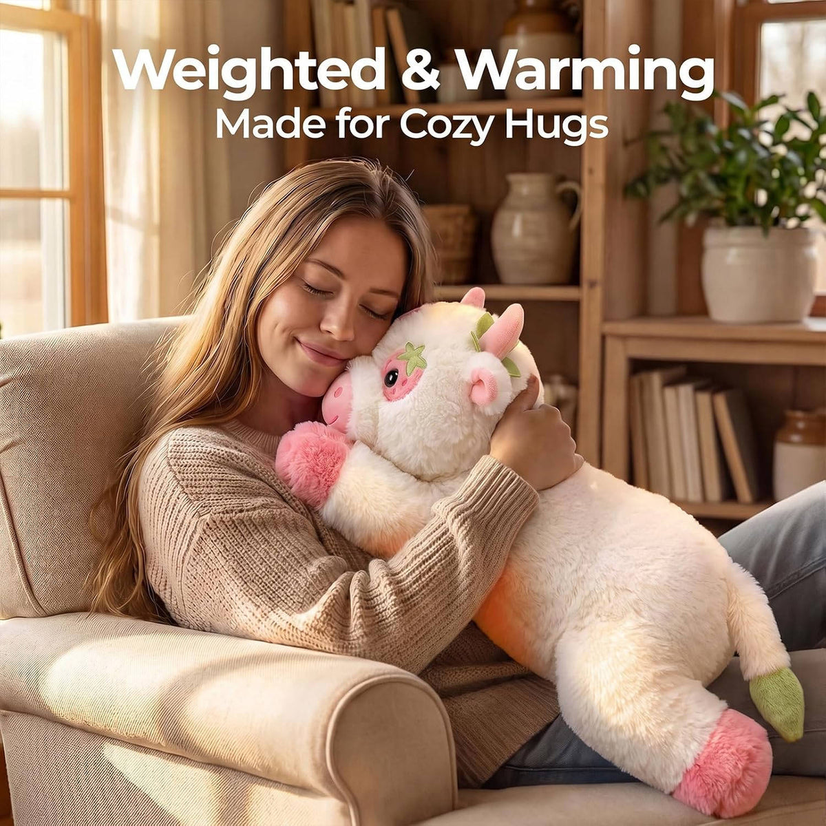 MeWaii® Strawberry Cow Weighted Stuffed Animal with Microwavable Heating Pad