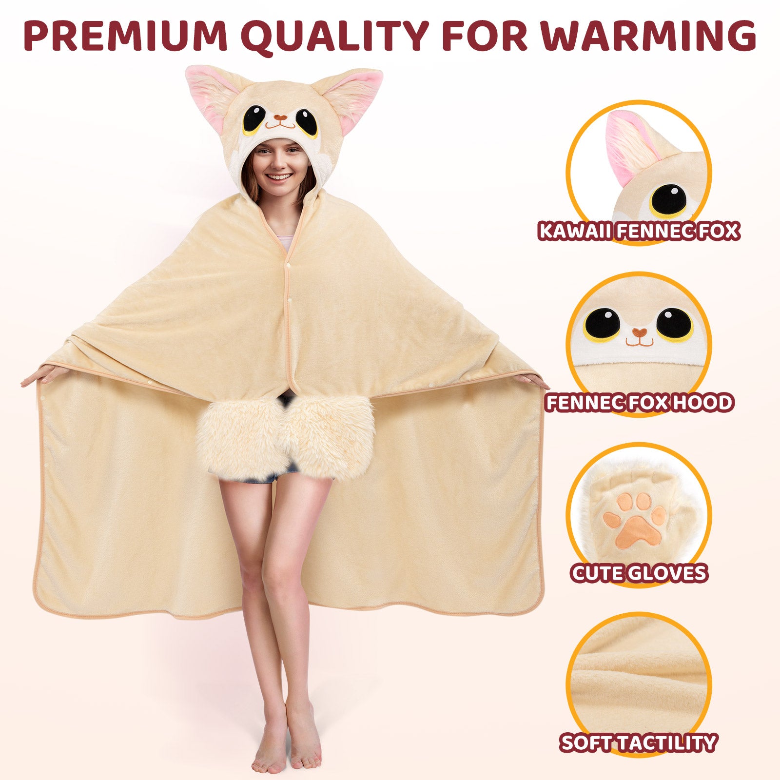 MeWaii® Fennec Fox Wearable Blanket Hoodie Ultra Soft Oversized Cozy Blanket for Warm Hugs & Relaxing Moments