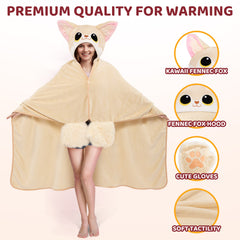 MeWaii® Fennec Fox Wearable Blanket Hoodie Ultra Soft Oversized Cozy Blanket for Warm Hugs & Relaxing Moments