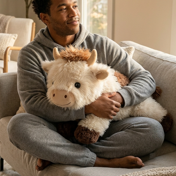 MeWaii® Brown Cow Fuzzy Long Haired Weighted Stuffed Animal with Microwavable Heating Pad